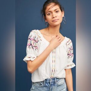 Anthropologie Akemi + Kin Women's Blue Pajaro Embroidered Blouse- size 8